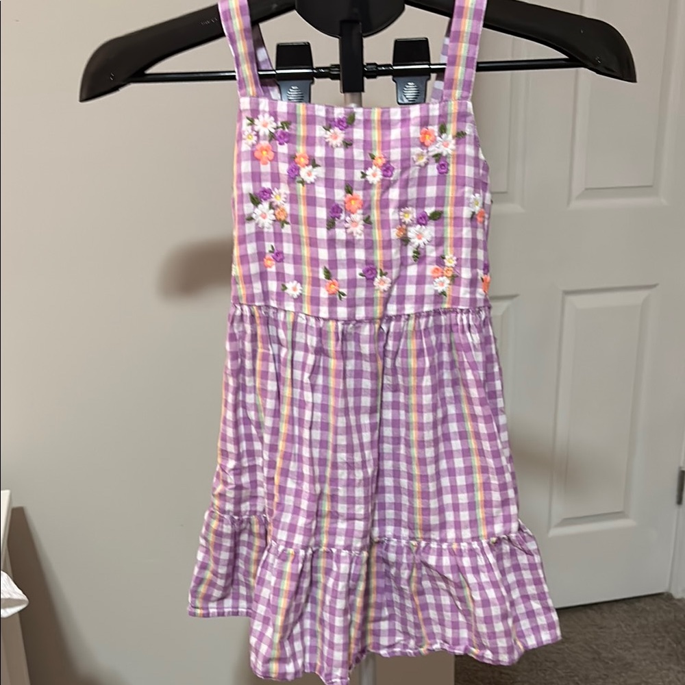 Purple Checkered Kids Dress with Floral Embroidery